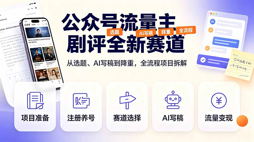 公众号流量主剧评全新赛道，从选题、AI写稿到降重，全流程项目拆解|一人科技OPC聚合软件