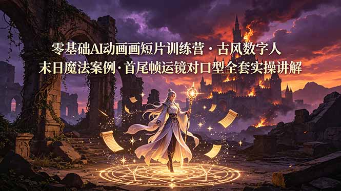 零基础AI动画短片训练营，古风数字人末日魔法案例，首尾帧运镜对口型全套实操讲解|一人科技公司导航