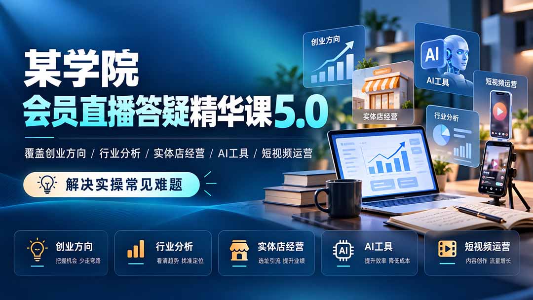 某学院会员直播答疑精华课5.0：覆盖创业方向、行业分析、实体店经营、AI工具和短视频运营，解决实操常见难题！|一人科技OPC聚合软件