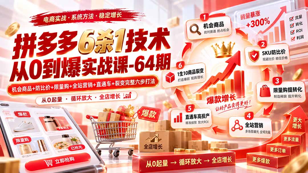 拼多多6杀1技术从0到爆实战课-64期：机会商品+防比价+限量购+全站营销+直通车+裂变完整六步打法|一人科技OPC聚合软件