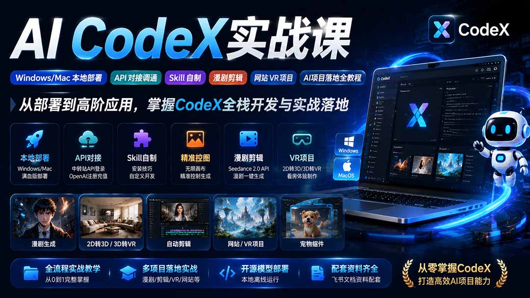 AI  CodeX实战课｜Windows/Mac 本地部署｜API 对接调通｜Skill 自制｜漫剧剪辑｜网站 VR 项目｜AI项目落地全教程|一人科技OPC聚合软件