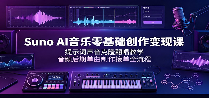 Suno AI音乐零基础创作变现课：提示词声音克隆翻唱教学，音频后期单曲制作接单全流程|一人科技OPC聚合软件