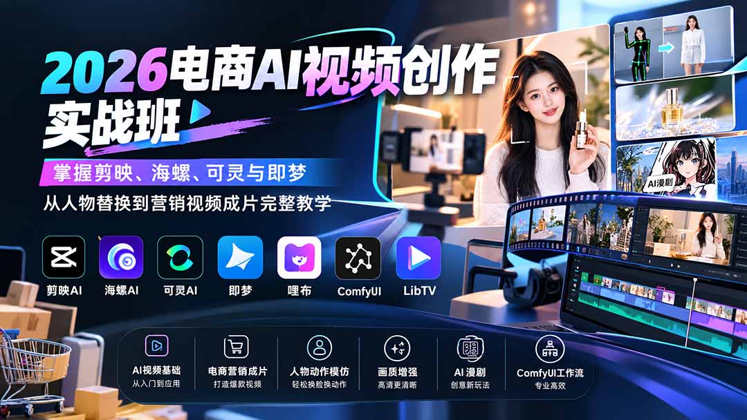 2026电商AI视频创作实战班：掌握剪映、海螺、可灵与即梦，从人物替换到营销视频成片完整教学|一人科技OPC聚合软件