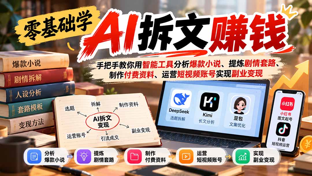 零基础学AI拆文赚钱：手把手教你用智能工具分析爆款小说、提炼剧情套路、制作付费资料、运营短视频账号实现副业变现|一人科技OPC聚合软件