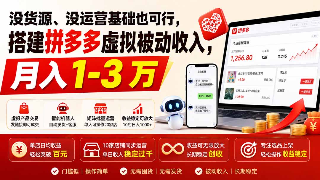 没货源、没运营基础也可行，搭建多多虚拟被动收入，月入 1-3 万|一人科技OPC聚合软件
