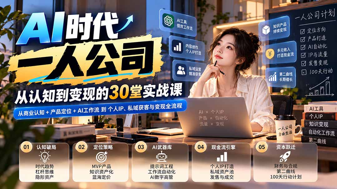 【无水印】AI时代一人公司30堂实战课：从商业认知+产品定位+AI工作流到个人IP、私域获客与变现全流程|一人科技OPC聚合软件