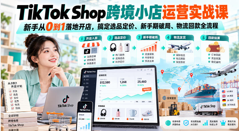 TikTok Shop跨境小店运营实战课，新手从0到1落地开店，搞定选品定价、新手期破局、物流回款全流程|一人科技OPC聚合软件
