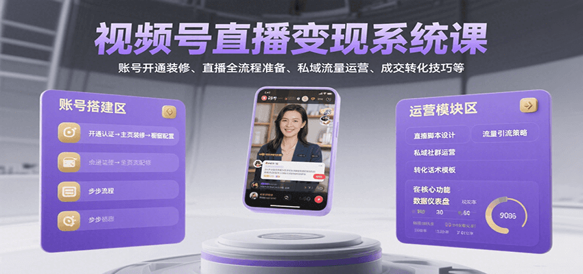 视频号直播变现系统课，账号开通装修、直播全流程准备、私域流量运营、成交转化技巧等|HOOK协议网