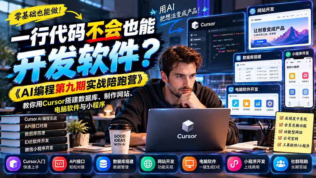 一行代码不会也能开发软件？《AI编程第九期实战陪跑营》教你用Cursor搭建数据库、制作网站、电脑软件与小程序|一人科技OPC聚合软件