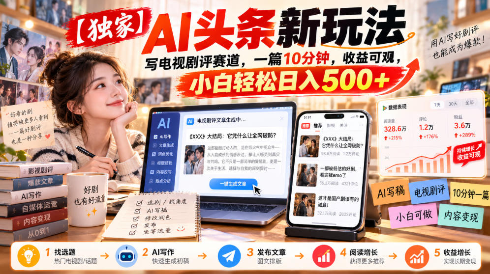 【独家】AI头条新玩法，写电视剧评赛道，一篇10分钟，收益可观，小白轻松日入500+|一人科技OPC聚合软件