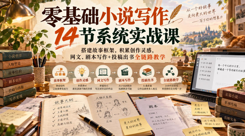 零基础小说写作14节系统实战课，搭建故事框架，积累创作灵感，网文、剧本写作+投稿出书全链路教学|一人科技OPC聚合软件