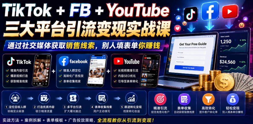 TikTok+FB+YouTube三大平台引流变现实战课，通过社交媒体获取销售线索，别人填表单你賺钱【原创双语字幕】|一人科技公司导航