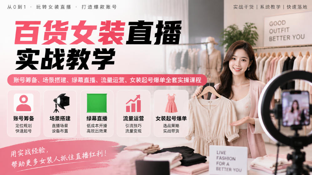 百货女装直播实战教学｜账号筹备、场景搭建、绿幕直播、流量运营、女装起号爆单全套实操课程|一人科技OPC聚合软件