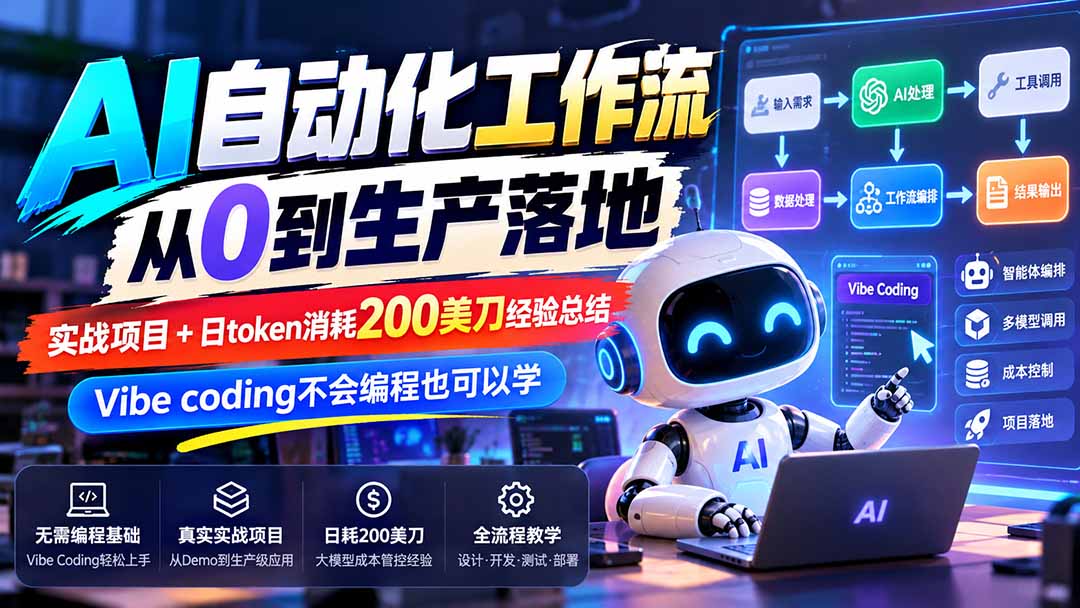 【无水印】AI自动化工作流从0到生产落地，实战项目+日token消耗200美刀经验总结，Vibe coding不会编程也可以学|一人科技OPC聚合软件