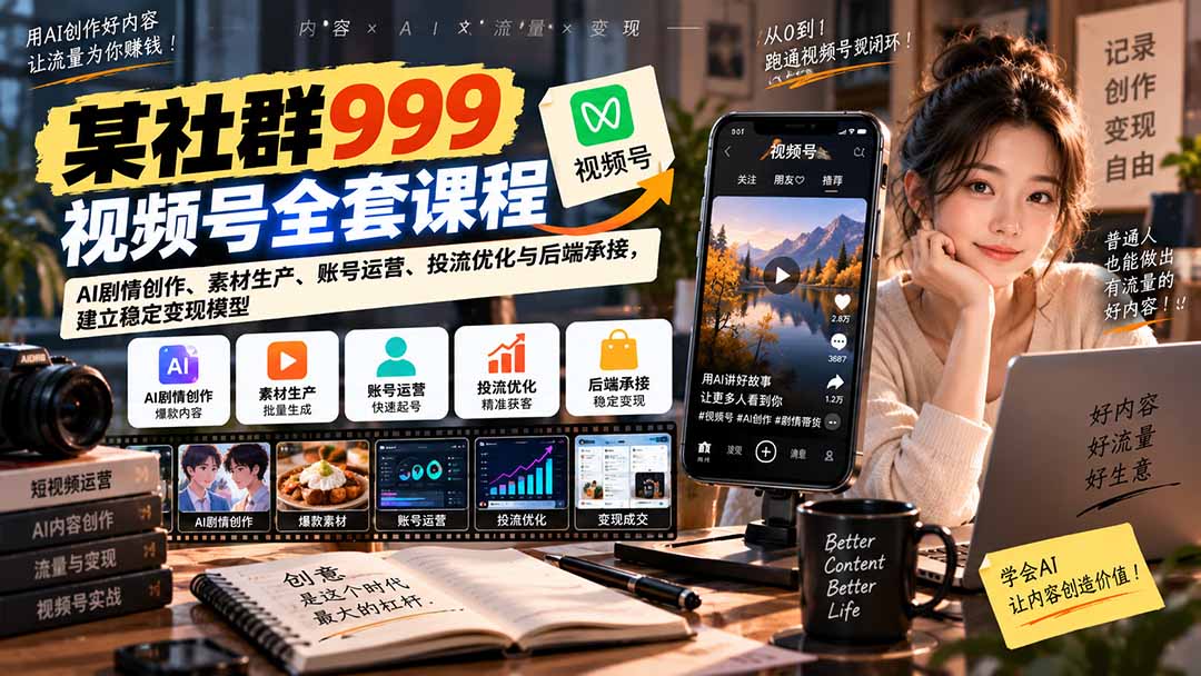 【无水印】某社群999视频号全套课程：AI剧情创作、素材生产、账号运营、投流优化与后端承接，建立稳定变现模型|一人科技OPC聚合软件