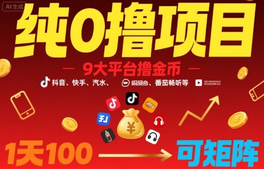 纯0撸项目，9大平台撸金币，抖音，快手，汽水，番茄畅听等，1天100，可矩阵|HOOK协议网
