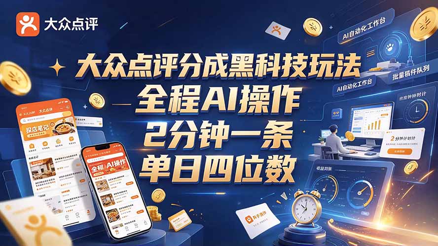 大众点评分成全网独家玩法，AI 全自动出内容，2 分钟一条，小白可冲单日四位数|一人科技OPC聚合软件