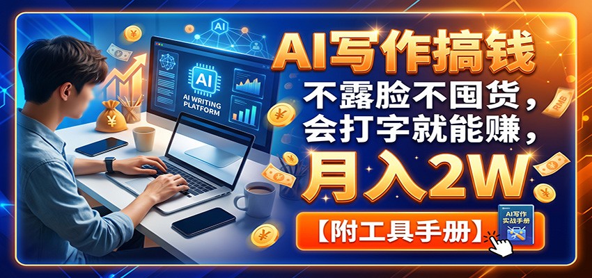 AI写作搞钱：不露脸不囤货，会打字就能赚，月入2W【附工具手册】|一人科技OPC聚合软件