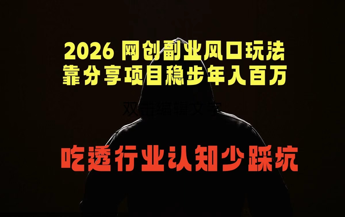 2026 网创副业风口玩法，靠分享项目稳步年入百万，吃透行业认知少踩坑|一人科技公司导航