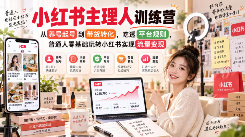 小红书主理人训练营，从养号起号到带货转化，吃透平台规则，普通人零基础玩转小红书实现流量变现|一人科技OPC聚合软件