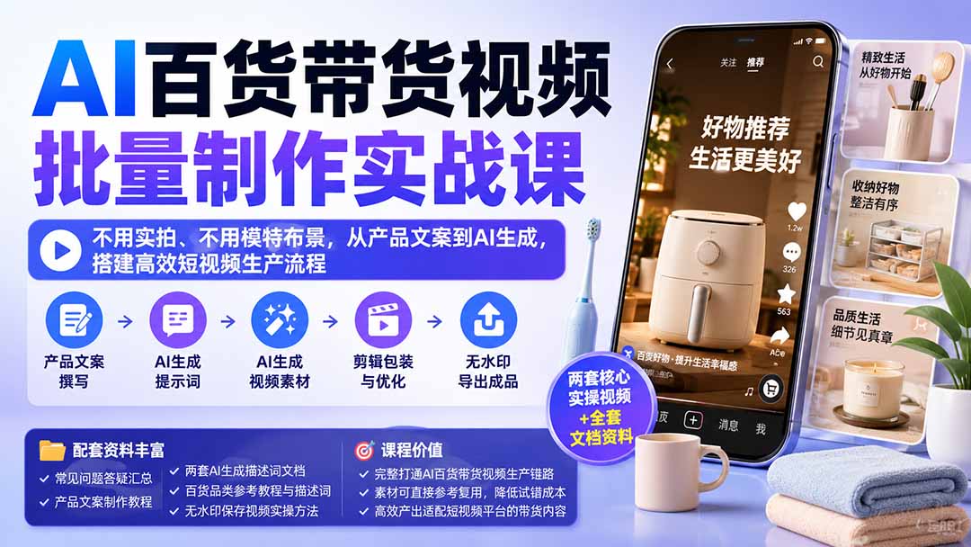 AI百货带货视频批量制作实战课：不用实拍、不用模特布景，从产品文案到AI生成，搭建高效短视频生产流程|一人科技OPC聚合软件