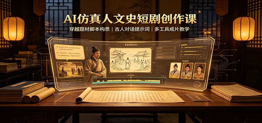 AI仿真人文史短剧创作课：穿越题材脚本构思，古人对话提示词，多工具成片教学|一人科技OPC聚合软件