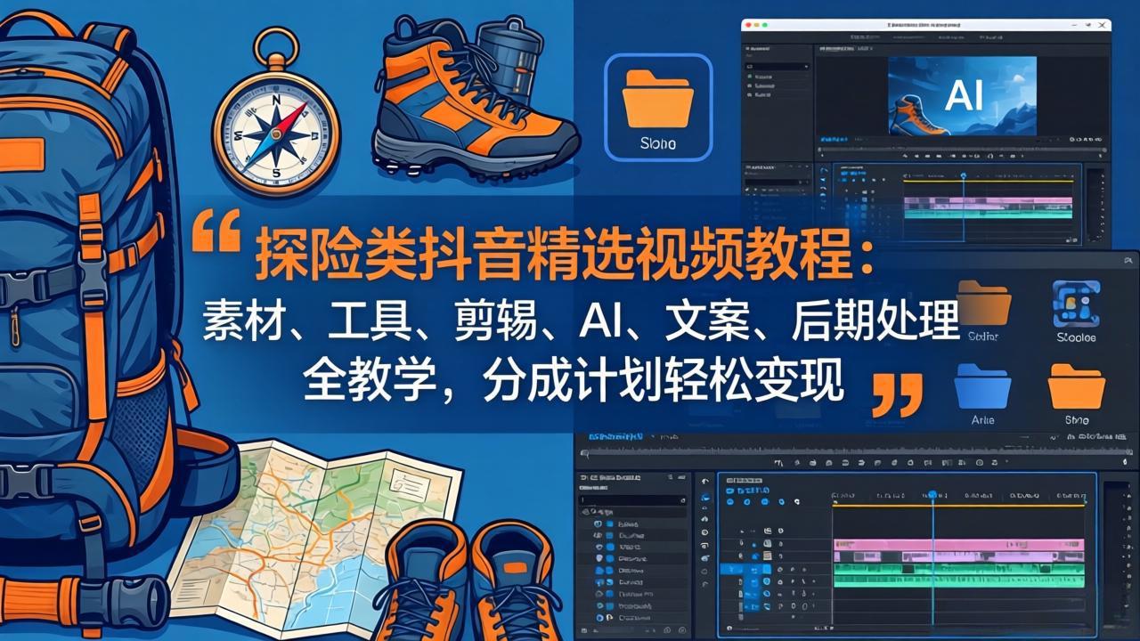 探险类抖音精选视频教程：素材、工具、剪辑、AI、文案、后期处理全教学，分成计划轻松变现|协议软件打粉软件