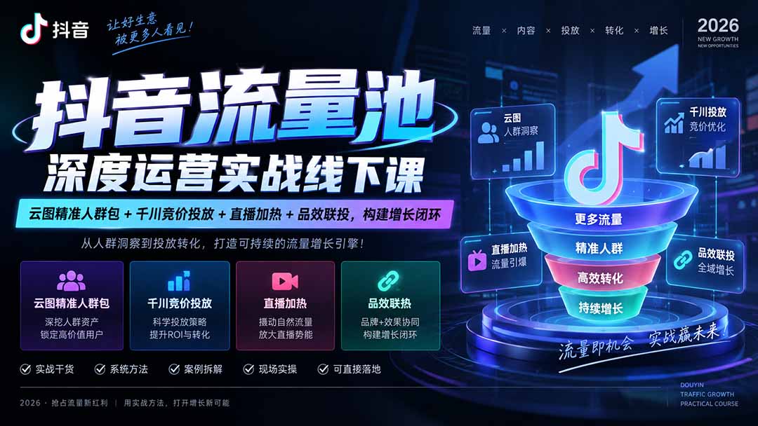 抖音流量池深度运营实战线下课｜云图精准人群包+千川竞价投放+直播加热+品效联投，构建增长闭环|一人科技OPC聚合软件