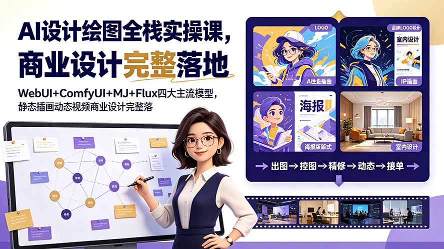 AI设计绘图全栈实操课，WebUI+ComfyUI+MJ+Flux四大主流模型，静态插画动态视频商业设计完整落地教程|一人科技OPC聚合软件