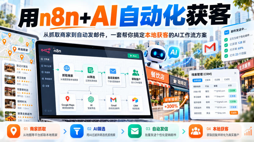 【无水印】用n8n+AI自动化获客，从抓取商家到自动发邮件，一套帮你搞定本地获客的AI工作流方案【原创双语字幕】|一人科技OPC聚合软件