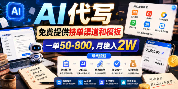 AI代写，免费提供接单渠道和模板，一单50-800，月稳入2W【揭秘】|一人科技公司导航