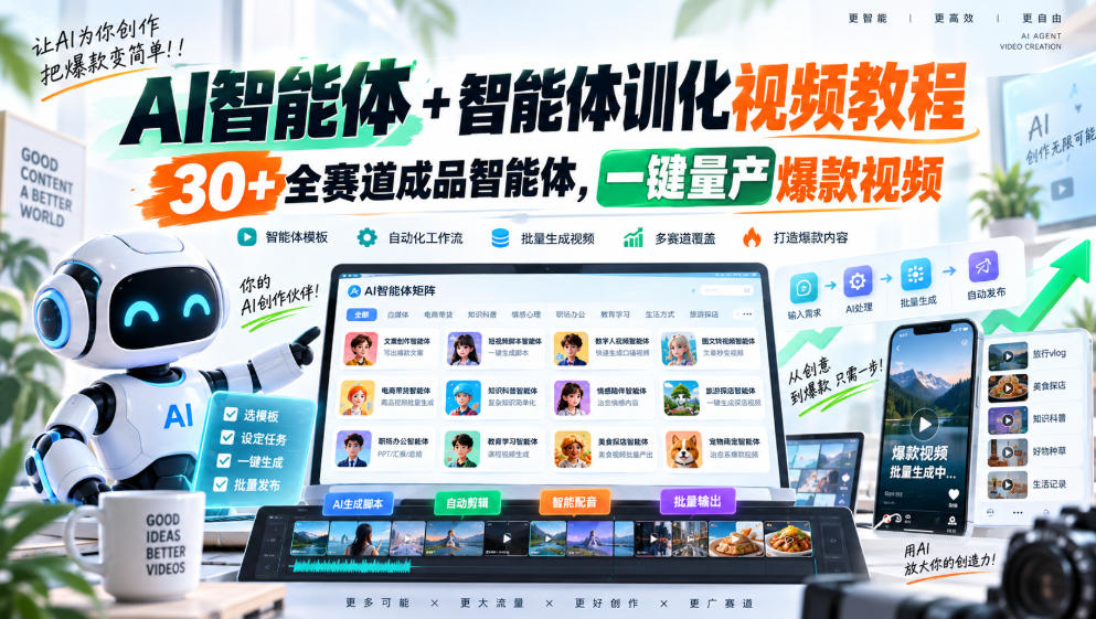 【无水印】AI智能体+智能体训化视频教程，30+全赛道成品智能体，一键量产爆款视频【更新】|一人科技OPC聚合软件
