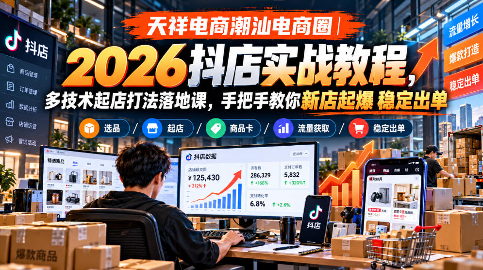 天祥电商潮汕电商圈｜2026抖店实战教程，多技术起店打法落地课，手把手教你新店起爆稳定出单|一人科技OPC聚合软件
