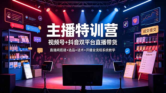 主播特训营：视频号+抖音双平台直播带货，直播间搭建+选品+话术+开播全流程系统教学|一人科技OPC聚合软件