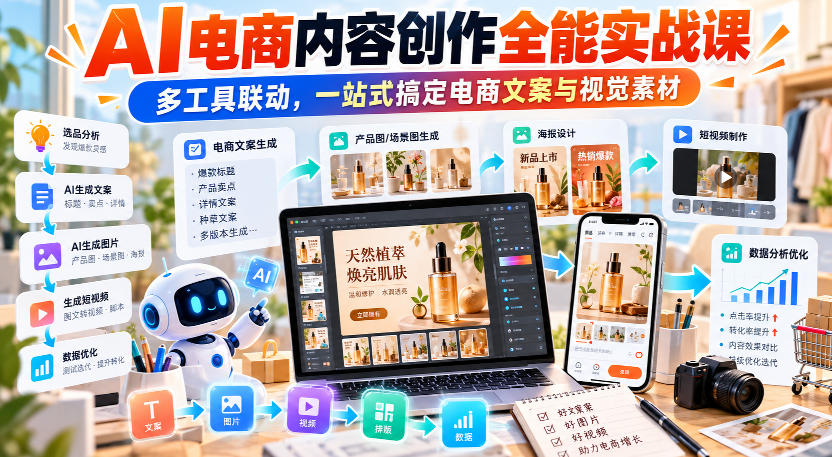 【无水印】AI电商内容创作全能实战课｜多工具联动，一站式搞定电商文案与视觉素材|一人科技OPC聚合软件