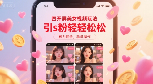 四开屏美女视频玩法，引s粉轻轻松松，暴力掘金，手机操作【揭秘】|HOOK协议网