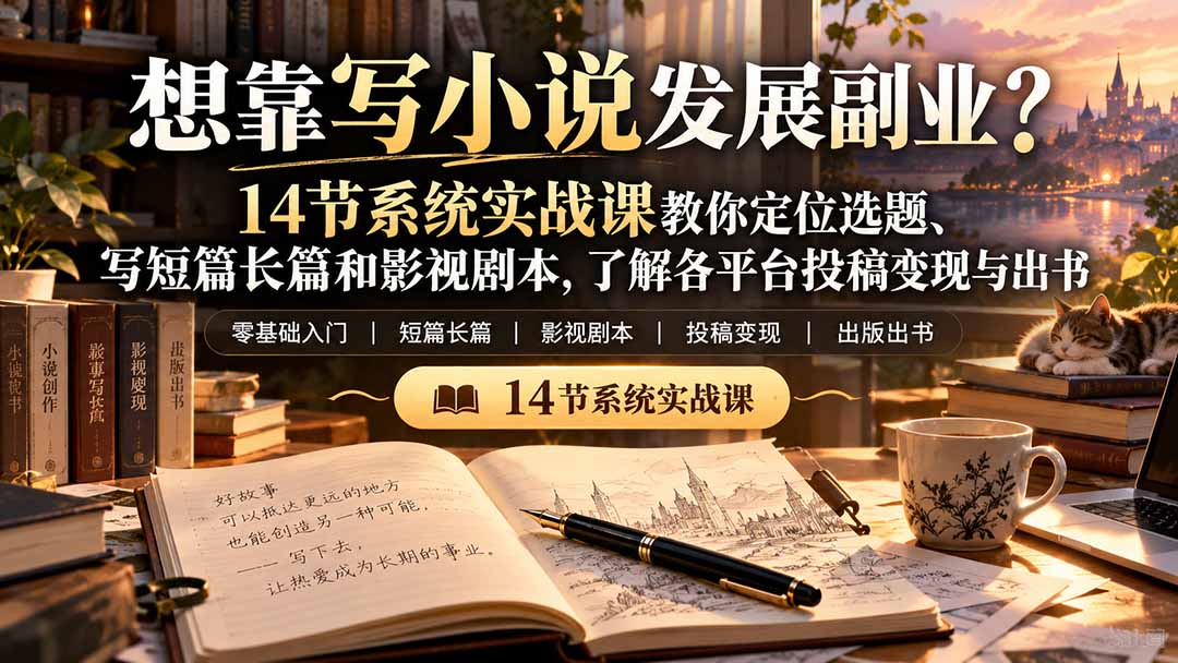 【无水印】想靠写小说发展副业？14节系统实战课教你定位选题、写短篇长篇和影视剧本，了解各平台投稿变现与出书|一人科技OPC聚合软件