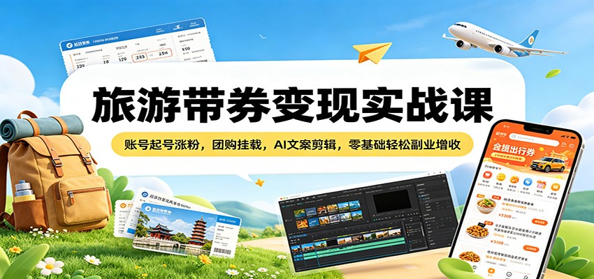旅游带券变现实战课：账号起号涨粉，团购挂载，AI文案剪辑，零基础轻松副业增收|协议软件打粉软件