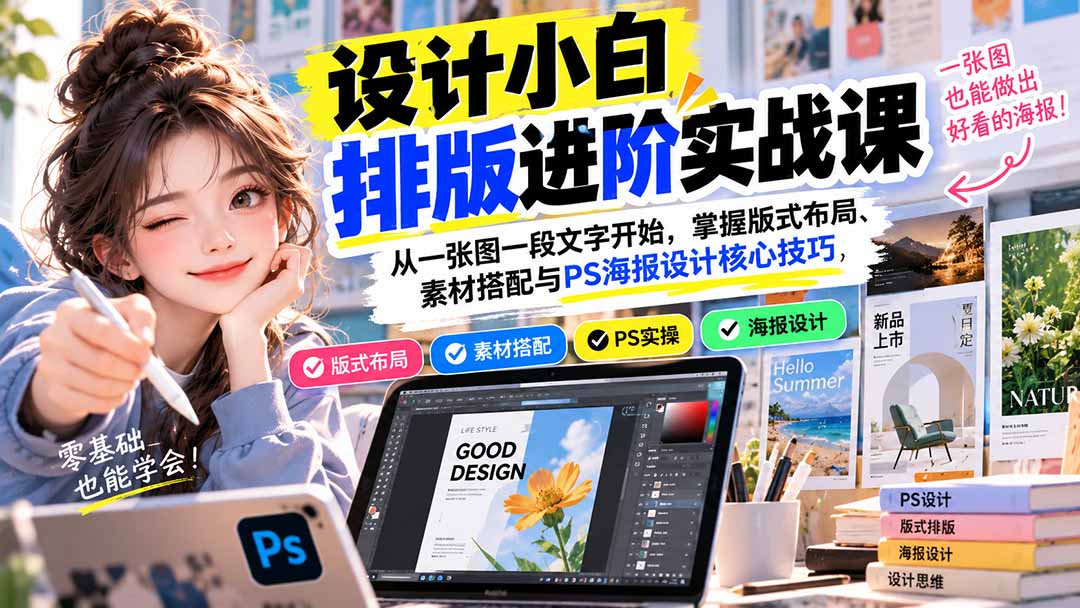 设计小白排版进阶实战课：从一张图一段文字开始，掌握版式布局、素材搭配与PS海报设计核心技巧|一人科技OPC聚合软件