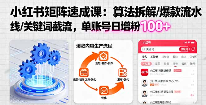 小红书矩阵起号速成课：算法拆解/爆款流水线/关键词截流 单账号日增粉100+|HOOK协议网