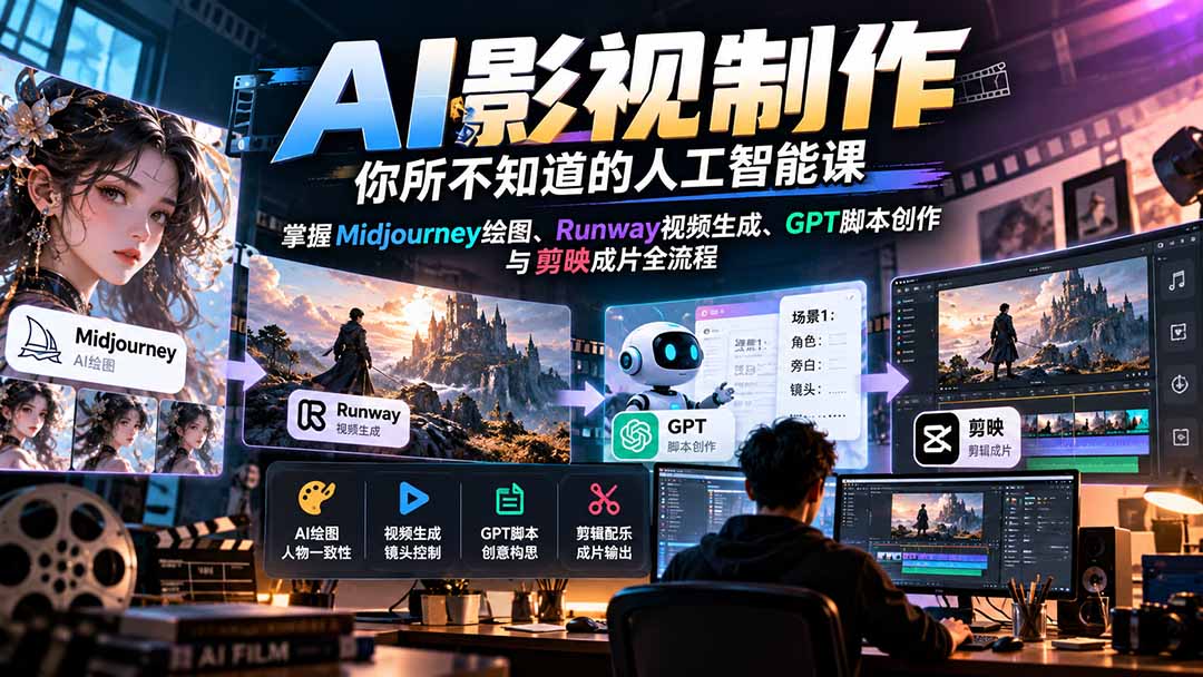【无水印】AI影视制作-你所不知道的人工智能课，掌握Midjourney绘图、Runway视频生成、GPT脚本创作与剪映成片全流程|一人科技OPC聚合软件