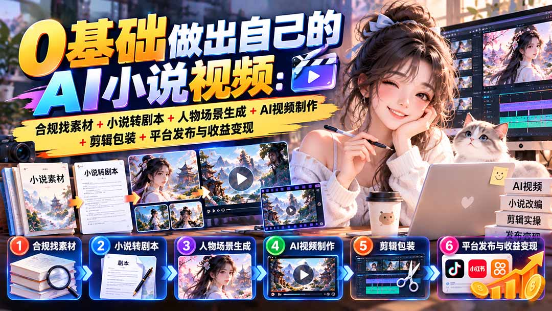 0基础做出自己的AI小说视频：合规找素材+小说转剧本+人物场景生成+AI视频制作+剪辑包装+平台发布与收益变现|一人科技OPC聚合软件