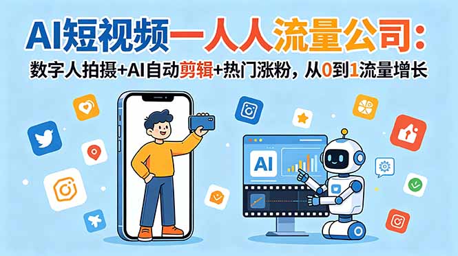 AI短视频一人流量公司：数字人拍摄+AI自动剪辑+热门涨粉，从0到1流量增长|一人科技公司导航