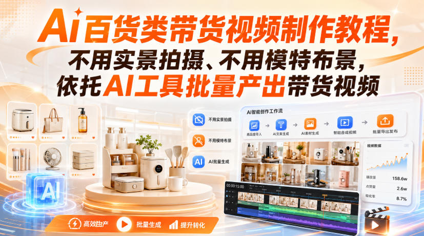 Ai百货类带货视频制作教程，不用实景拍摄、不用模特布景，依托AI工具批量产出带货视频|一人科技OPC聚合软件