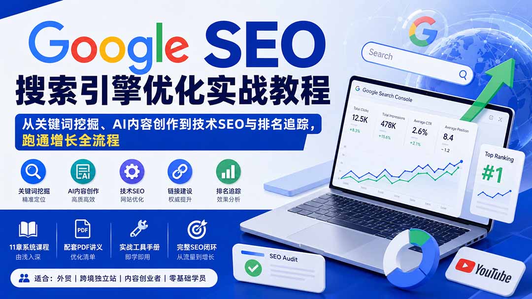 Google SEO搜索引擎优化实战教程：从关键词挖掘、AI内容创作到技术SEO与排名追踪，跑通增长全流程|一人科技OPC聚合软件