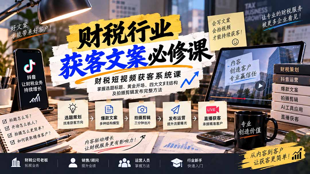 财税短视频获客系统课：掌握选题标题、黄金开场、四大文案结构及拍摄剪辑发布完整方法|一人科技OPC聚合软件