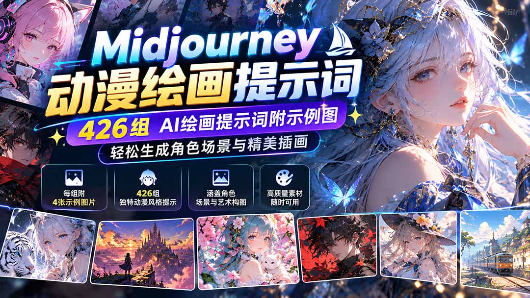 Midjourney动漫绘画提示词：426组AI绘画提示词附示例图，轻松生成角色场景与精美插画|一人科技OPC聚合软件