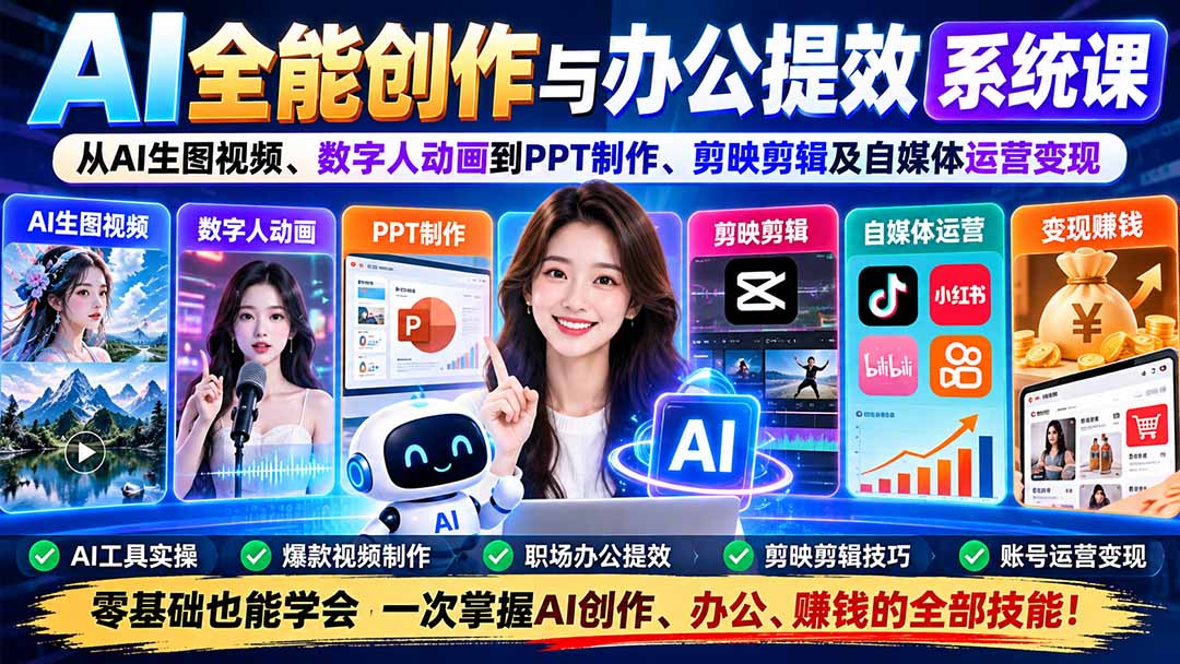 AI全能创作与办公提效系统课：从AI生图视频、数字人动画到PPT制作、剪映剪辑及自媒体运营变现|一人科技OPC聚合软件