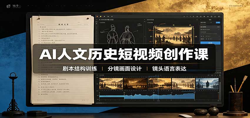 AI人文历史短视频创作课：赛道对标、剧本分镜制图，掌握视频完整产出流程|一人科技OPC聚合软件