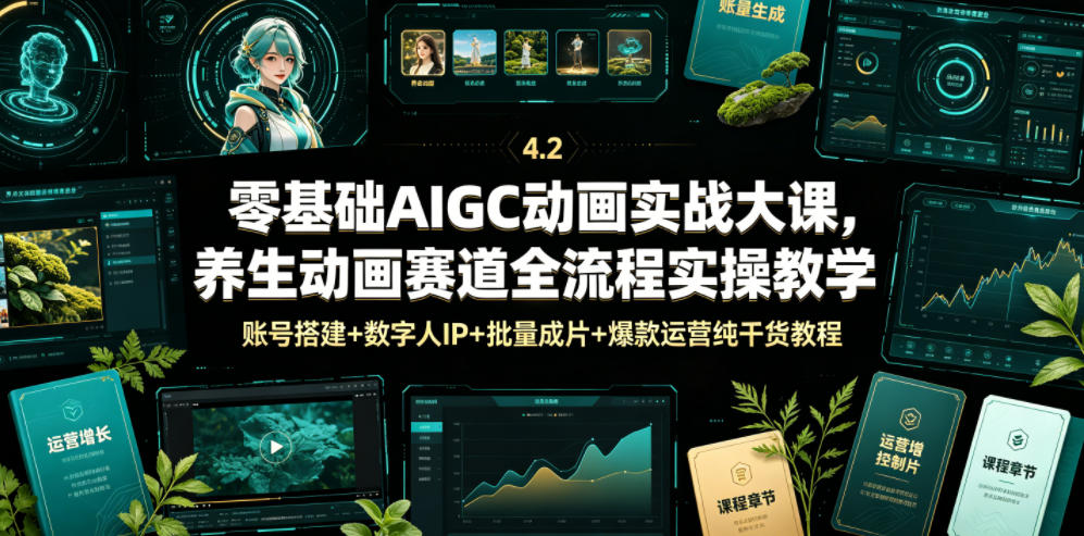 零基础AIGC动画实战大课，养生动画赛道全流程实操教学，账号搭建+数字人IP+批量成片+爆款运营纯干货教程|一人科技公司导航